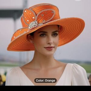 Elegant Orange Wide-Brim Women's Dress Hat with Crystal Trim